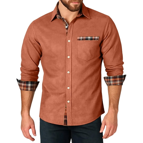 LWaveletMen's Retro Checkered Long Sleeve Shirt, Breathable Cotton Button Down, Classic Gingham Pattern for Daily Commute & Weekend Outings Light Brown L