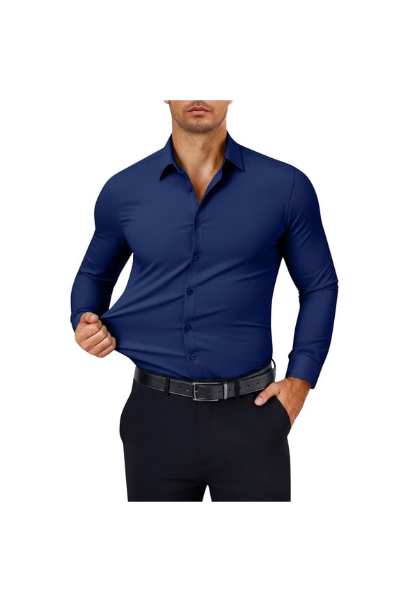 Men's Slim Fit Long Sleeve Shirt, Smooth Fabric Button Down, Tailored Design Perfect for Dinner Dates & Semi-Formal Events Navy S