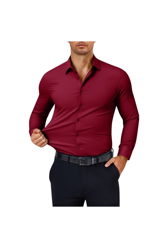 Men's Slim Fit Long Sleeve Shirt, Smooth Fabric Button Down, Tailored Design Perfect for Dinner Dates & Semi-Formal Events Wine M