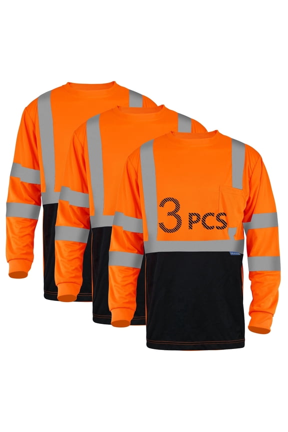 Long Sleeve High Visibility Breathable T-Shirt for Warehouse Construction Working, Men's 2XL, 3-Pack