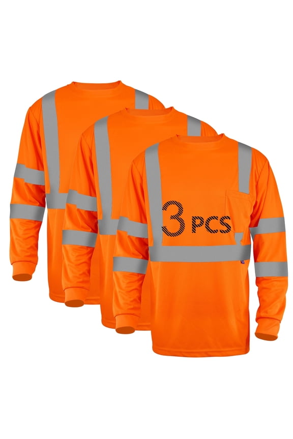 Long Sleeve High Visibility Breathable Safety T-Shirts, 3-Pack, Men's