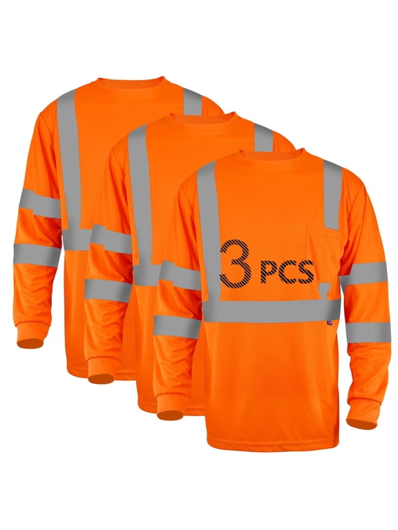 Long Sleeve High Visibility Breathable Safety T-Shirts, 3-Pack, Men's