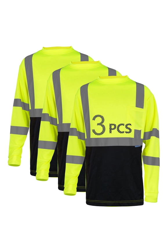Men's Long Sleeve High Visibility Breathable Crew Neck Workwear T-Shirt, 3-Pack