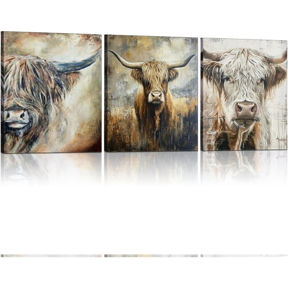 LXHB 3 Pcs Highland Cow Bathroom Wall Decor Rustic Farmhouse Pictures Wall Decor Canvas Soothing Calming Nature Botanical Vintage Floral Country Prints Spring Summer for Bedroom 8x10inch Framed