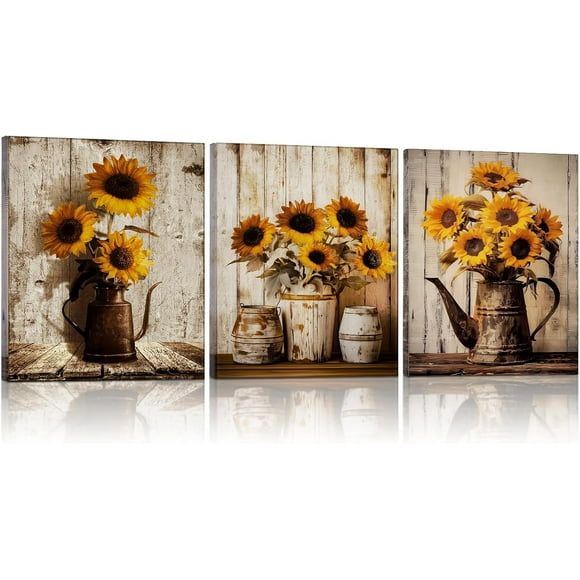 LXHB 3 Pcs Rustic Sunflower Bathroom Wall Decor Farmhouse Pictures Canvas Soothing Calming Nature Botanical Vintage Floral Country Prints Spring Summer for Bedroom 8x10inch Framed