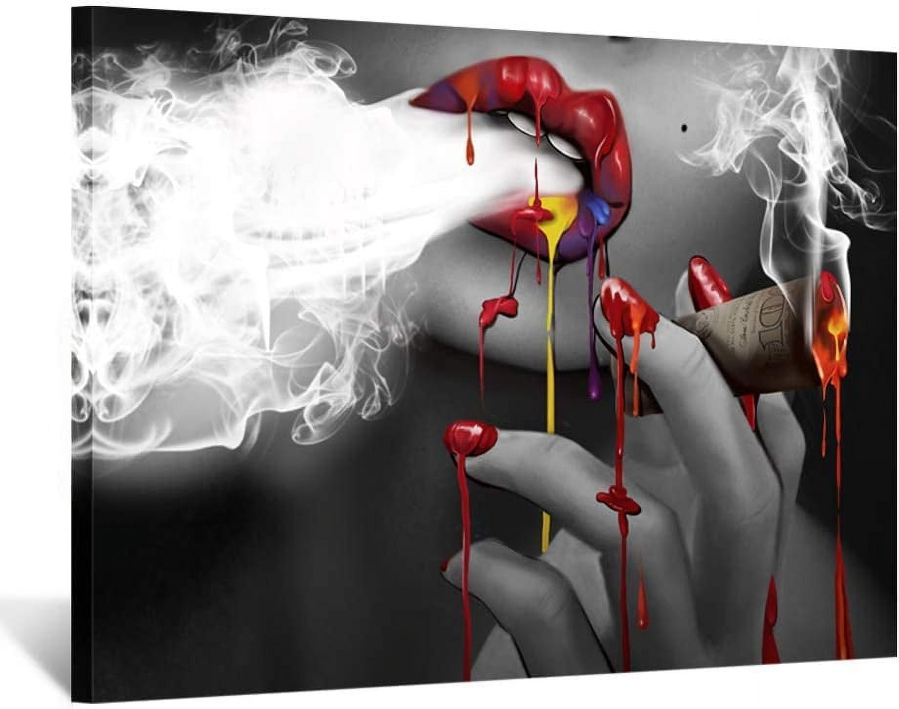 LXHB Fashion Canvas Prints Woman Smoking Wall Art Sexy Red Lips with ...