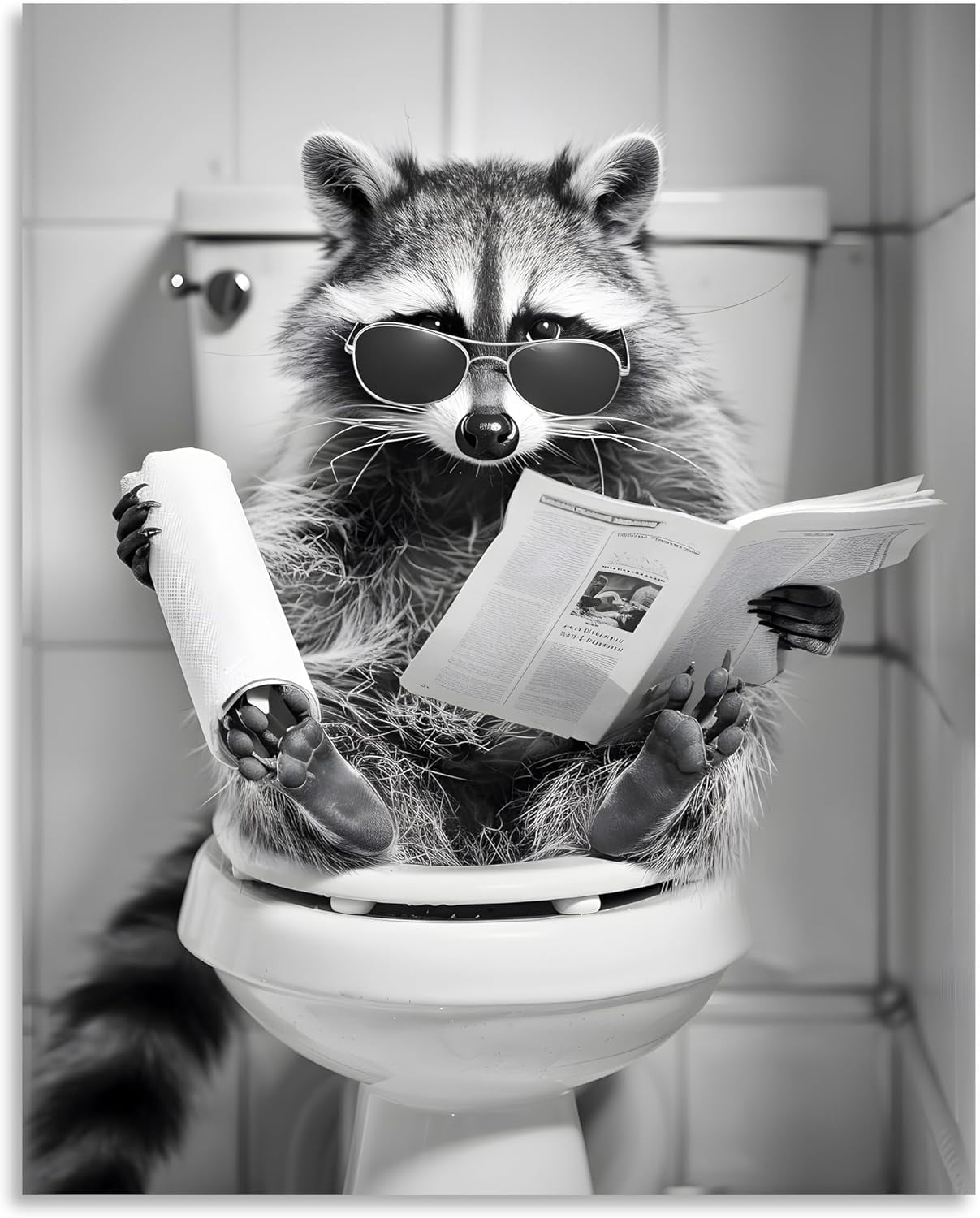Funny Hedgehog Bathroom Wall Art - Black & White Framed Print Of Hedgehog On Toilet Reading Newspaper
