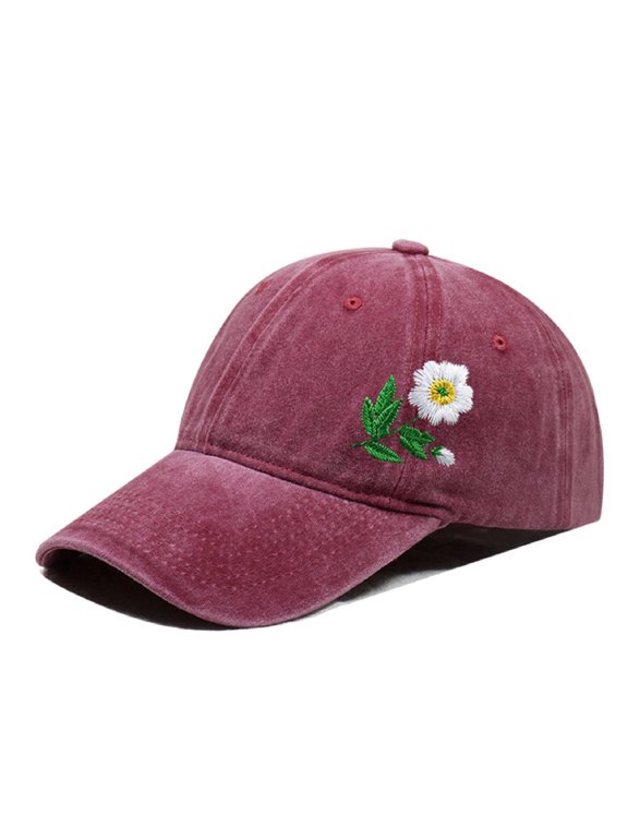 Summer Dad Hat for Men Women Floral Embroidery Baseball Cap Vintage Washed Adjustable Low Profile Flower Stitch Sun Hats for Women Lightweight Breathable Sun Hat One Size Wine