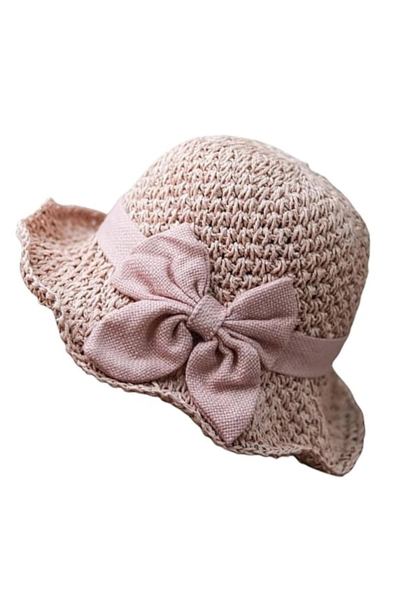 Trendy Sun Hats for Women Vintage Hand Woven Foldable Breathable Straw Hat With Ruffle Bow Casual Summer Wide Brim Bucket Hat for Outing Travel Daily M Pink