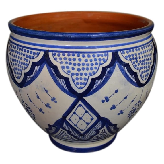 LXKJ Handmade Ceramic Flower Pot, Indoor Outdoor Moroccan Style Planter with Drain Hole, White Blue
