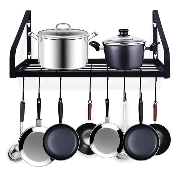LXKJ Pot and Pan Hanger, Wall Mounted Pots and Pan Hanging Rack with 8 Hooks for Kitchen Cookware Utensils, 2 DIY Methods, Black Steel Hanging Pot Rack