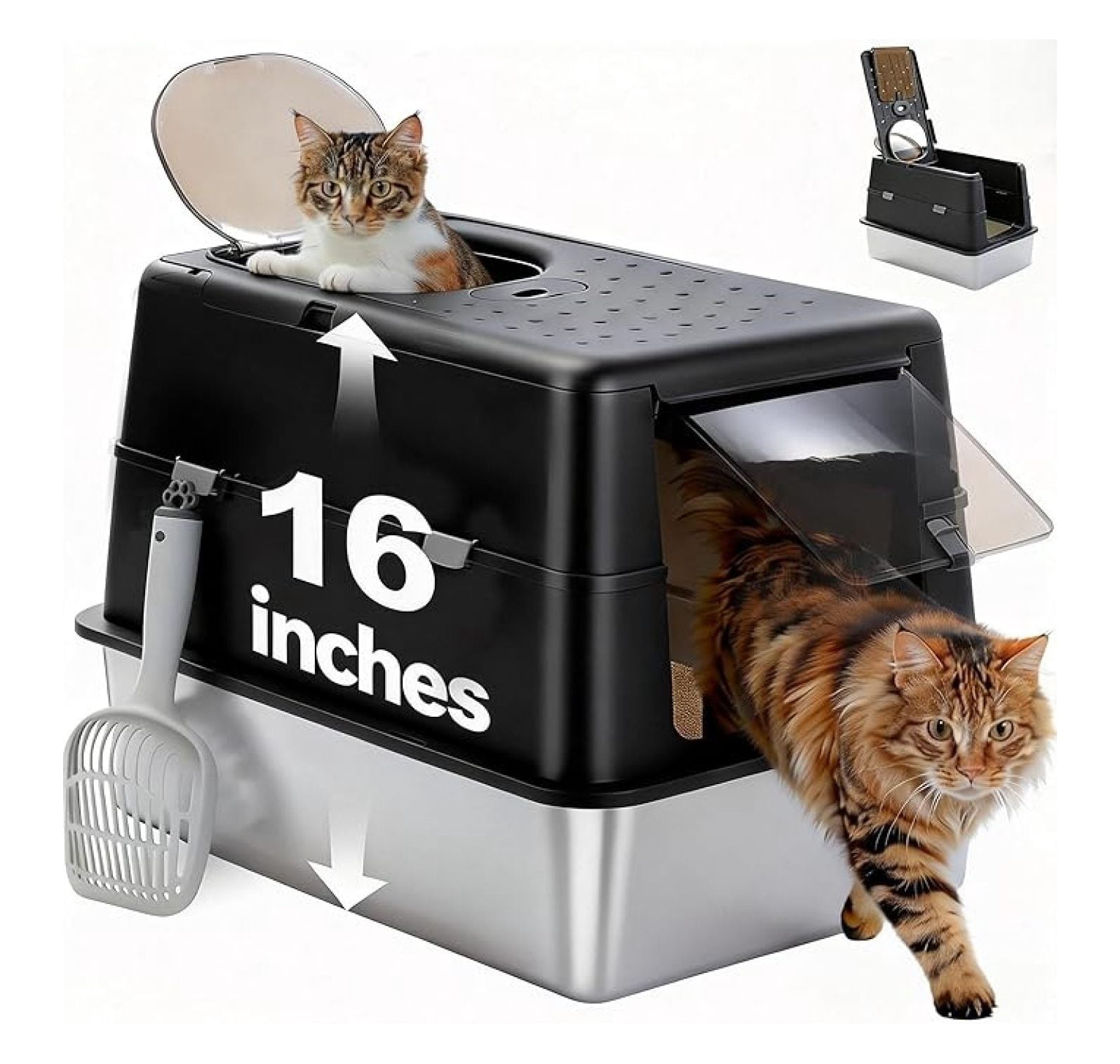 LXKJ Stainless Steel Cat Litter Box, XL Extra Large Enclosed Litter Box with Non-Sticky Metal Pan, 16" High Sides& Anti-Leakage with, Front & Top Dual Entry for Big Cats, Black