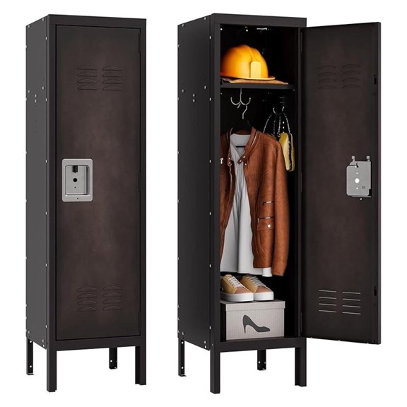 LXKJ Vintage Metal Locker with Lockable 1 Door Storage Locker, Black Single Lockers for Employees, Steel Locker for Home, Office, Gym, Old School Lockers Storage