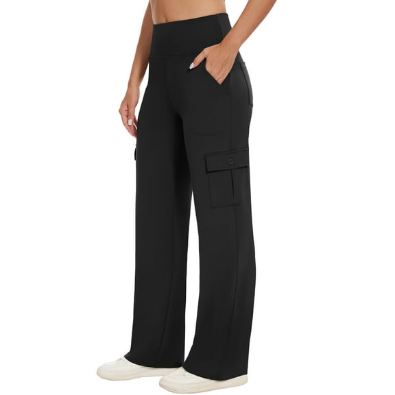 LXP Yoga Cargo Pants Women Wide Leg Pants with Pockets High Waist Stretch Dress Casual Business Work Travel Pants,31",Black,L