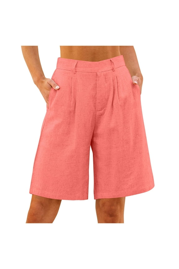 Bermuda Shorts for Women High Waisted Linen Dressy Casual Pleated Wide Leg Summer Shorts with Elastic Waist Linen Shorts
