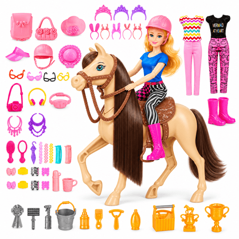 LXUNLN 60PCS Doll Horse Playset with Fashion Doll Horse Care Set for Girls Ages 3+