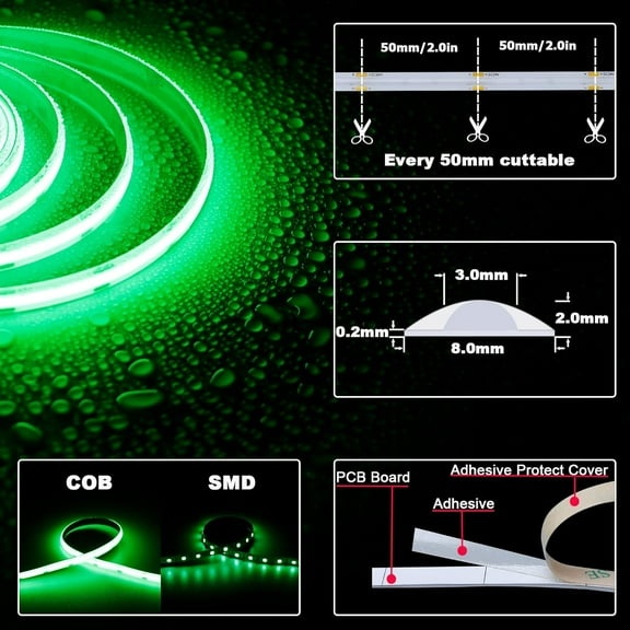 LXYWXS-24V COB LED Strip Light Green Waterproof IP65 16.4ft/5M Dotless 480LED/M 2400LEDs Cuttable Flexible LED Tape Light for Cabinet Home DIY Lighting Projects