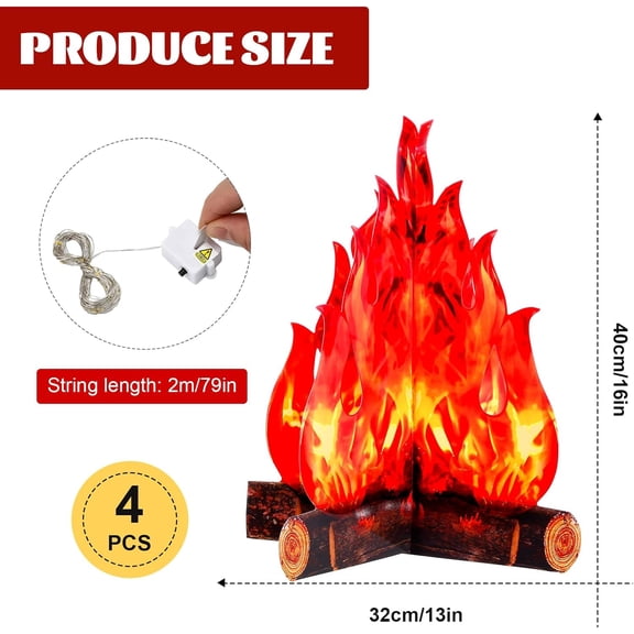 LXYWXS-4 Set Fake Fire Campfire Centerpiece 3D Artificial Fake Flames with LED String Lights Fire Cardboard for Summer Camping Party Decorations(15.8 Inch)