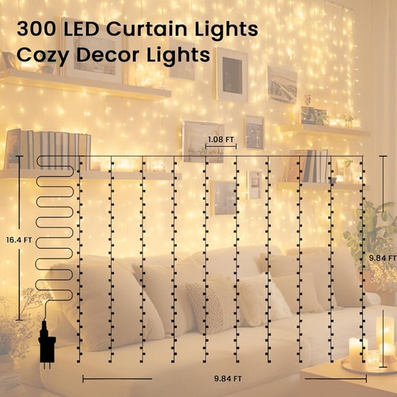 LXYWXS-9.8x9.8Ft Curtain String Lights Plug in, 300 Warm White LED Curtain Lights with Remote,Timer,Memory,Waterproof Clear Wire for Indoor Outdoor Bedroom Window Decor