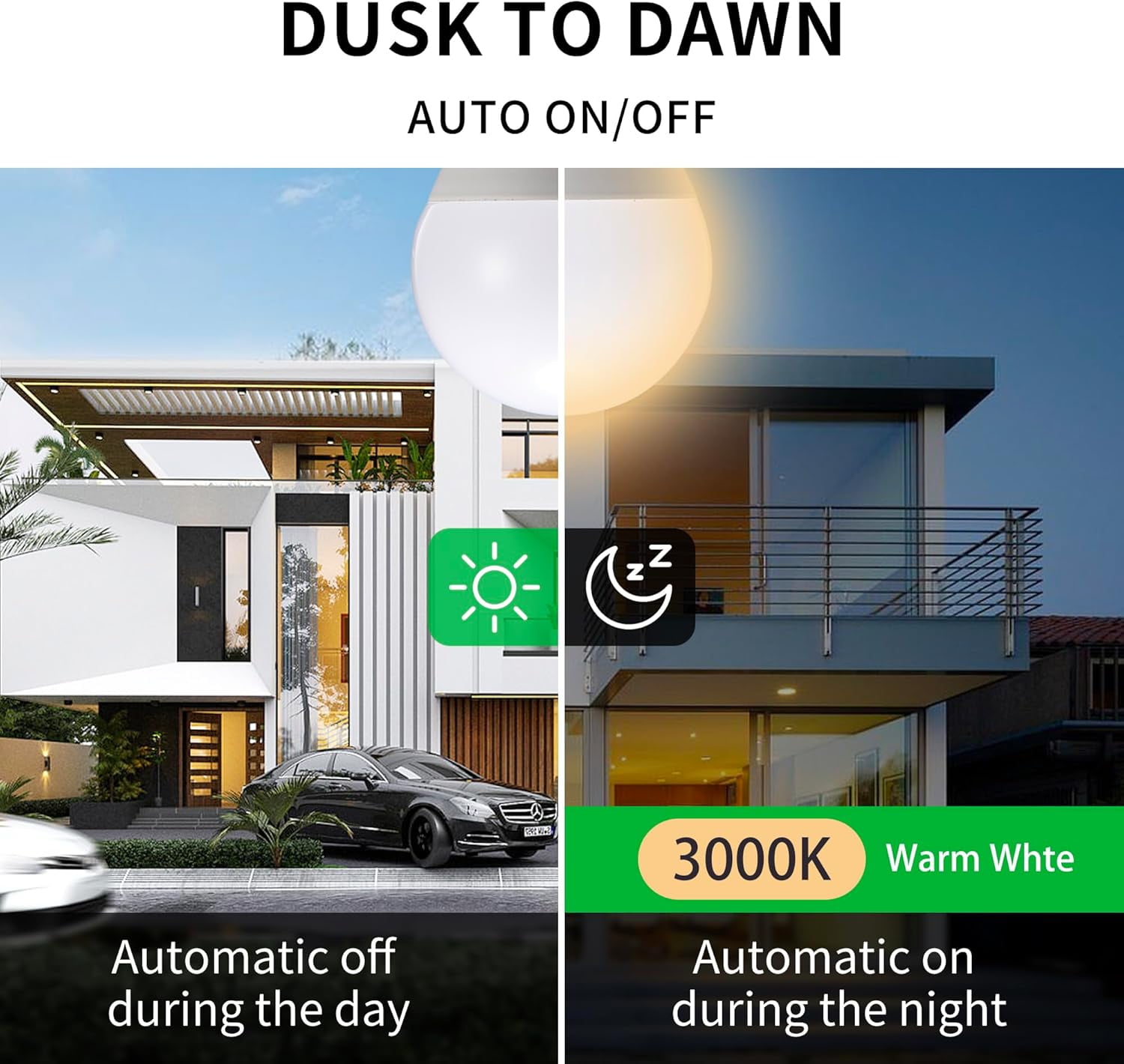 LXYWXS-A15 Small Dusk to Dawn Light Bulbs Outdoor 450LM, Warm White, 5W=40W, Auto On/Off Non-Dimmable Replacement LED Bulb for String Lights, Porch, Patio, Garden, E26 Base, 4-Pack, HQ-H032