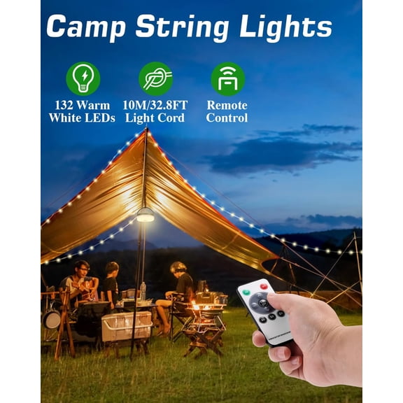 LXYWXS-Camping String Lights 4 in 1: 32.8 Ft String with Warm White 130 LEDs, USB Rechargeable with Remote Control, Adjustable Brightness, 6 Light Modes, Portable IP65 Camping Light for Outdoor
