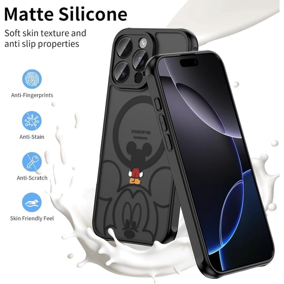 LXYWXS-Case for iPhone 16 Pro Max [Compatible with MagSafe], Cute Design Magnetic Black Translucent Frosted Matte Soft TPU Bumper Hard PC Back Protective Case with Camera Protection - B-Mic