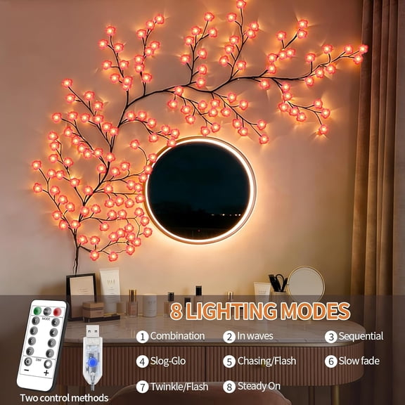 LXYWXS-Cherry LED Branch Lights, 48 LED Willow Vine Light Garland Lighting with Remote Control, 8 Adjustable Lighting Modes, Plug-in Indoor Decorative Lights for Home Wall Door Room Decor
