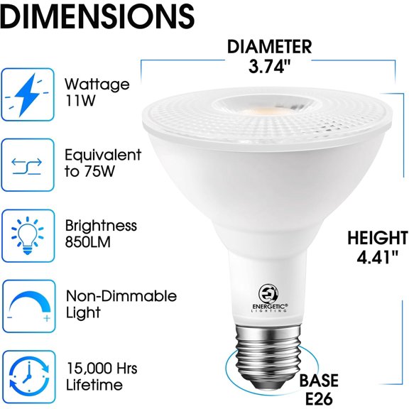 LXYWXS-Energetic PAR30 2-Pack Dusk to Dawn LED Outdoor Flood Light Bulb, 75 Watt Equivalent(11W), 850LM, 5000K Daylight, E26 Base, Automatic On/Off Sensor Light Bulb for Porch, Hallway, ETL Listed