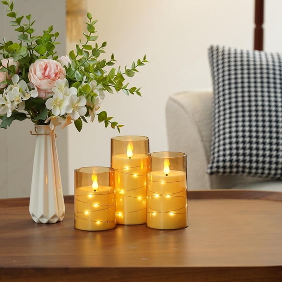 LXYWXS-Flameless Candles 3 Set, Flickering Battery Operated Candles Embedded Fairy String Light, Realistic Pillar Candle with Remote Control and Timer, Acrylic Amber Gold, D3 x H4 5" 6"