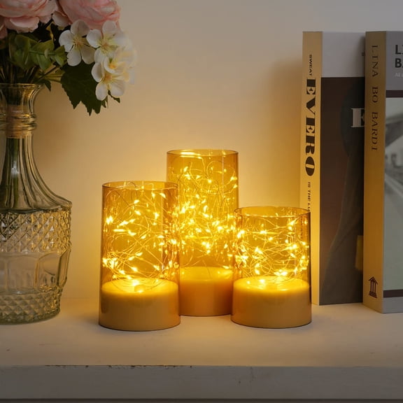 LXYWXS-Flickering Flameless Candles with Remote, Embedded String Lights in Acylinder LED Candles, Battery Operated Fake Candles with Timer, Candle Decor for Home Wedding, Set of 3,Gold
