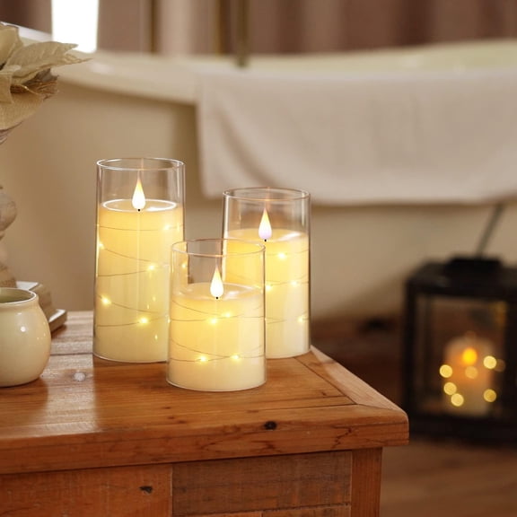 LXYWXS-Flickering Flameless Candles with String Lights, Battery Operated Candles, Embedded String Lights LED Candles, Unbreakable Plexiglass Candle with Remote, Set of 3, Ivory White
