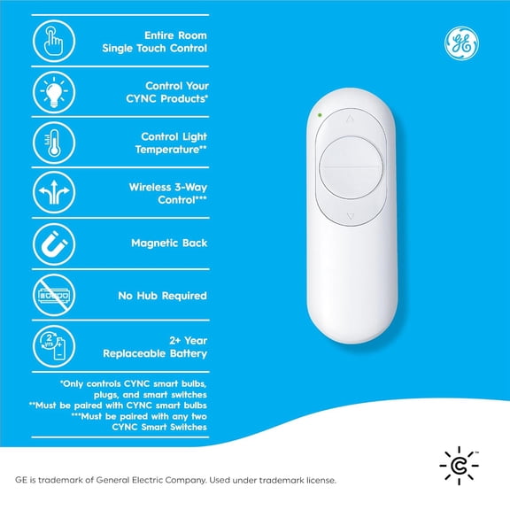 LXYWXS-GE CYNC Bluetooth Enabled, Battery Powered Dimmer Remote for Smart Plug, Smart Light Bulbs and Switch, Single-Touch Control Anywhere in Your Home