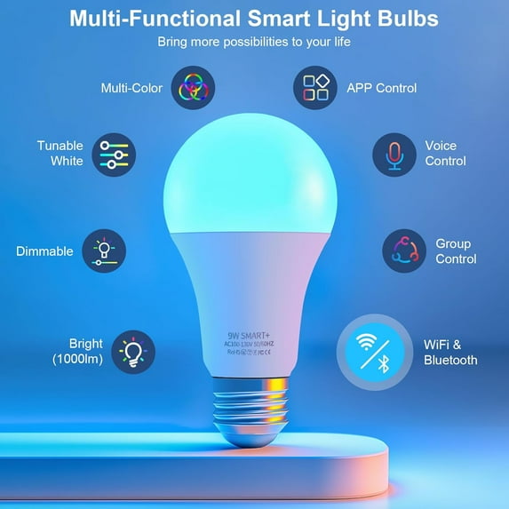 LXYWXS-LED Smart Light Bulbs - Wi-Fi & Bluetooth Light Bulbs, Color Changing Light Bulb Compatible with Alexa and Google Assistant, A19 E26 RGBTW Light Bulb, 800LM (2 Pack)