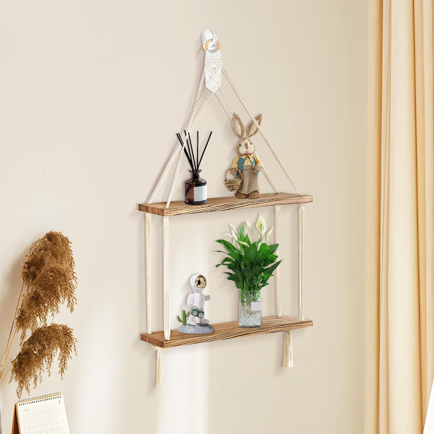 LXYWXS-Macrame Wall Hanging Shelves Boho Room Decor, 2 Tier Handmade Cotton Rope Rustic Wood Corner Floating Shelves with 2 Hooks, Decorative Hanging Storage Shelf for Living Room, Bathroom, Bedroom