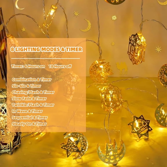 LXYWXS-Ramadan Decorations for Home Ramadan Lights 13FT 20LED USB or Battery Operated 8 Modes Timer Iron Star Moon Fairy Twinkle Lights Eid Mubarak Decor Warm White (Metal R20)