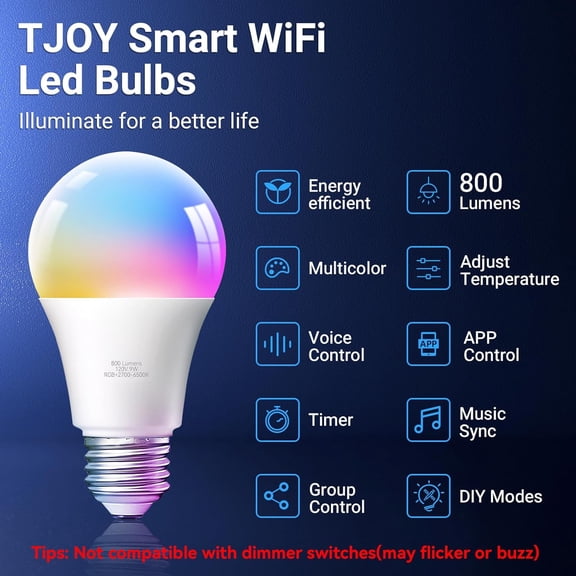 LXYWXS-Smart Light Bulbs, Bluetooth WiFi Led Bulb Compatible with Alexa &Google Assistant, RGB Color Changing Alexa Bulb, 9W(60W Equivalent), A19 E26 800LM, 2.4Ghz WiFi only,2 Pack