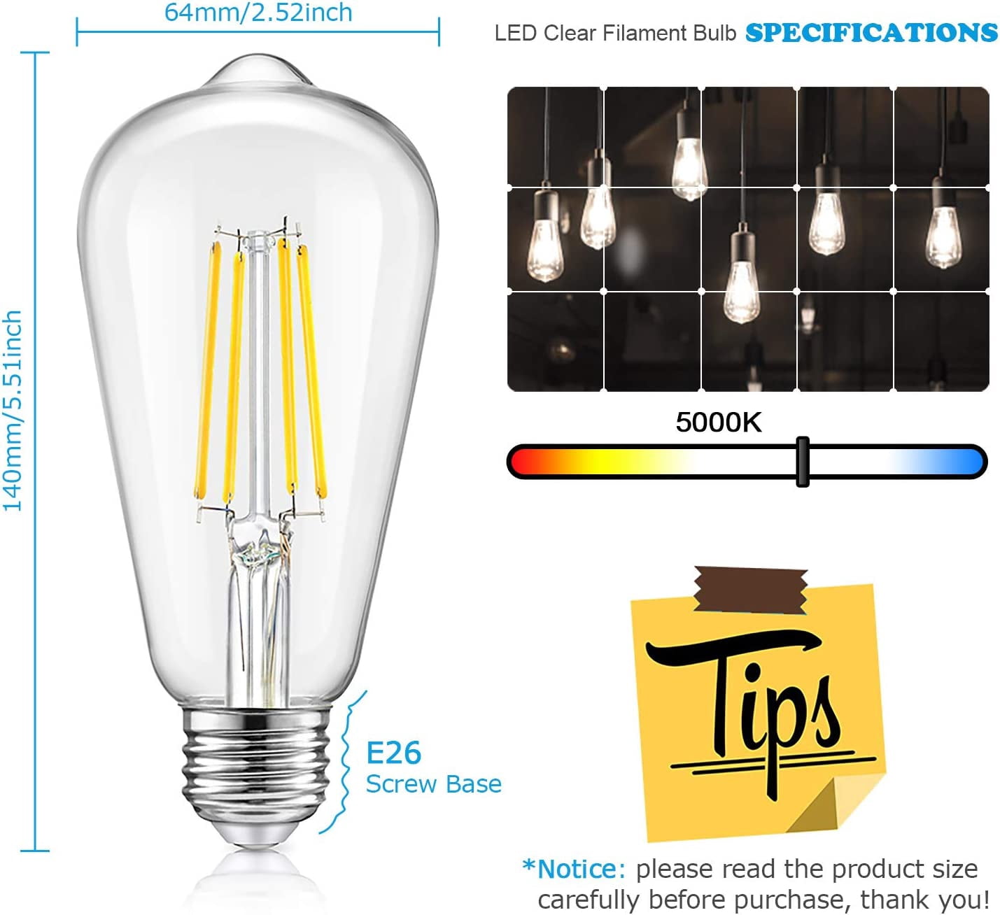 LXYWXS-Vintage LED Dimmable Edison Light Bulbs 100W Incandescent Equivalent, 8W 1200Lumens, E26 Base LED Filament Bulb, 5000K Daylight White, ST64/ST21 Antique Clear Glass for Home, Reading, Bathroom