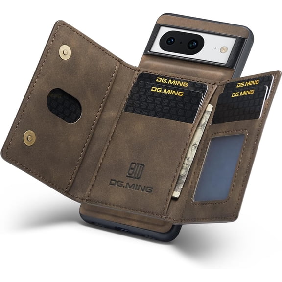 LXYWXS-Wallet Case for Google Pixel 8, DG.MING Premium Leather Phone Case Back Cover Magnetic Detachable with Trifold Wallet Card Holder Pocket for Google Pixel 8 6.2 inch (Coffee)