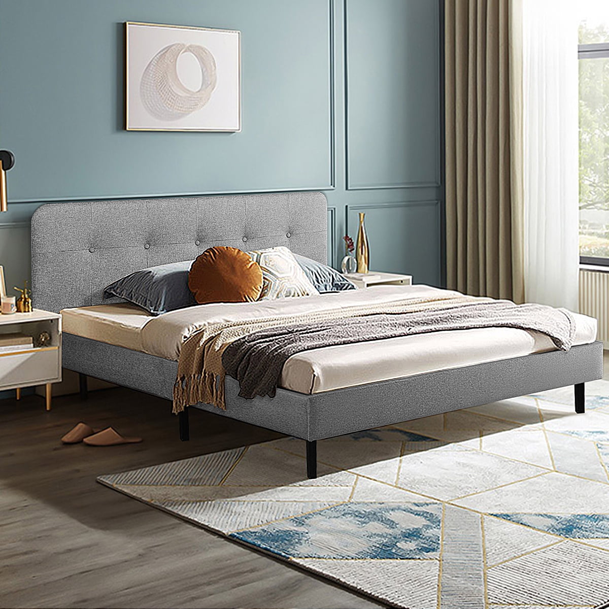 LXingStore Queen Bed Frame Upholstered Modern Tufted Platform Bed
