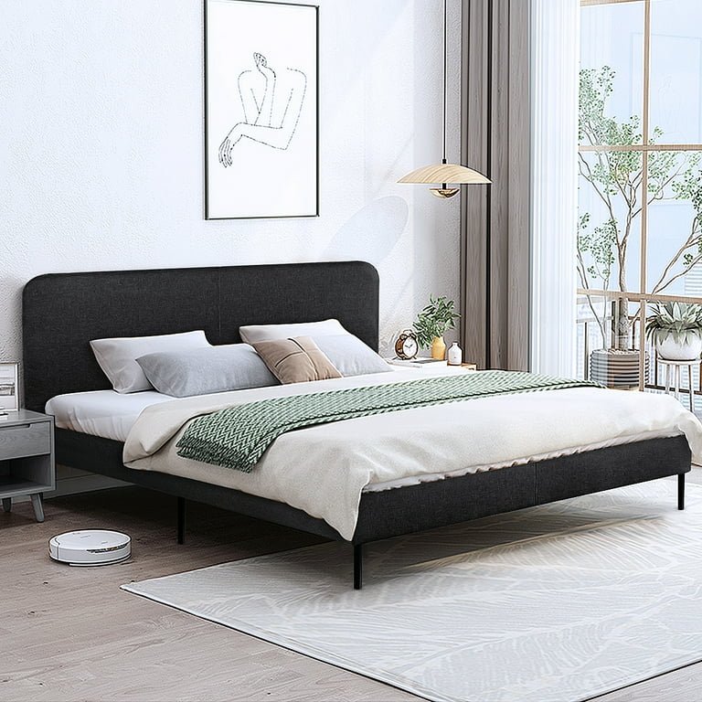 LXingStore Queen Bed Frame Upholstered Modern Tufted Platform Bed with Headboard Wood Slat Support Without Mattress