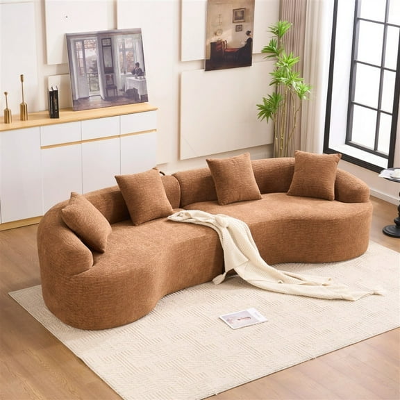 LY-025 Toffee Caramel Curved Sofa Featuring Full Compression Sponge, 30D Chenille for Home, 800 lbs, 110"L, 60 Firmness & 4 Pillows