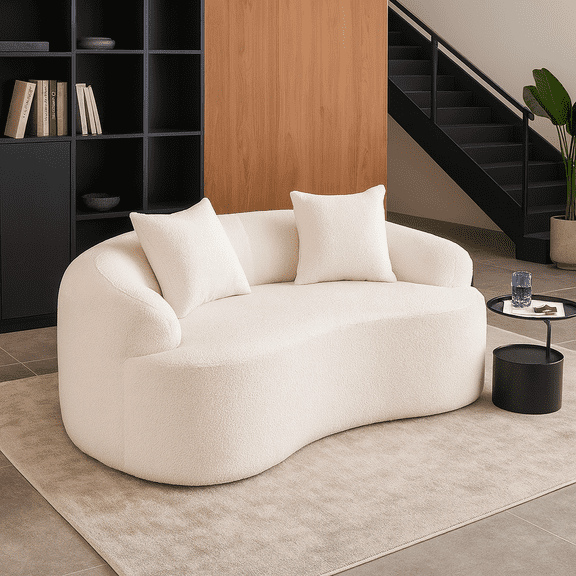 LY-025S Curved Loveseat White Full Compression Sponge Sofa, 30D Chenille No-Assembly Compact Sofa for Small Spaces & Apartments, 65"L, 300 lbs, 3 Pillows