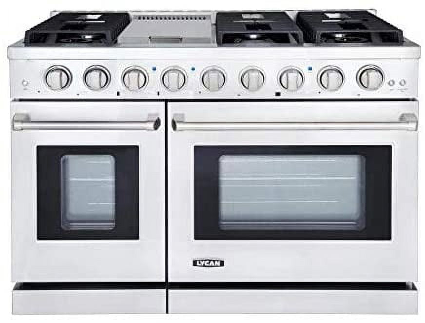 LYCAN 48 Inch Slide-in Freestanding Double Gas Range with 6 Sealed Burner Cast Iron Grates and Primary Convection Oven in Stainless Steel