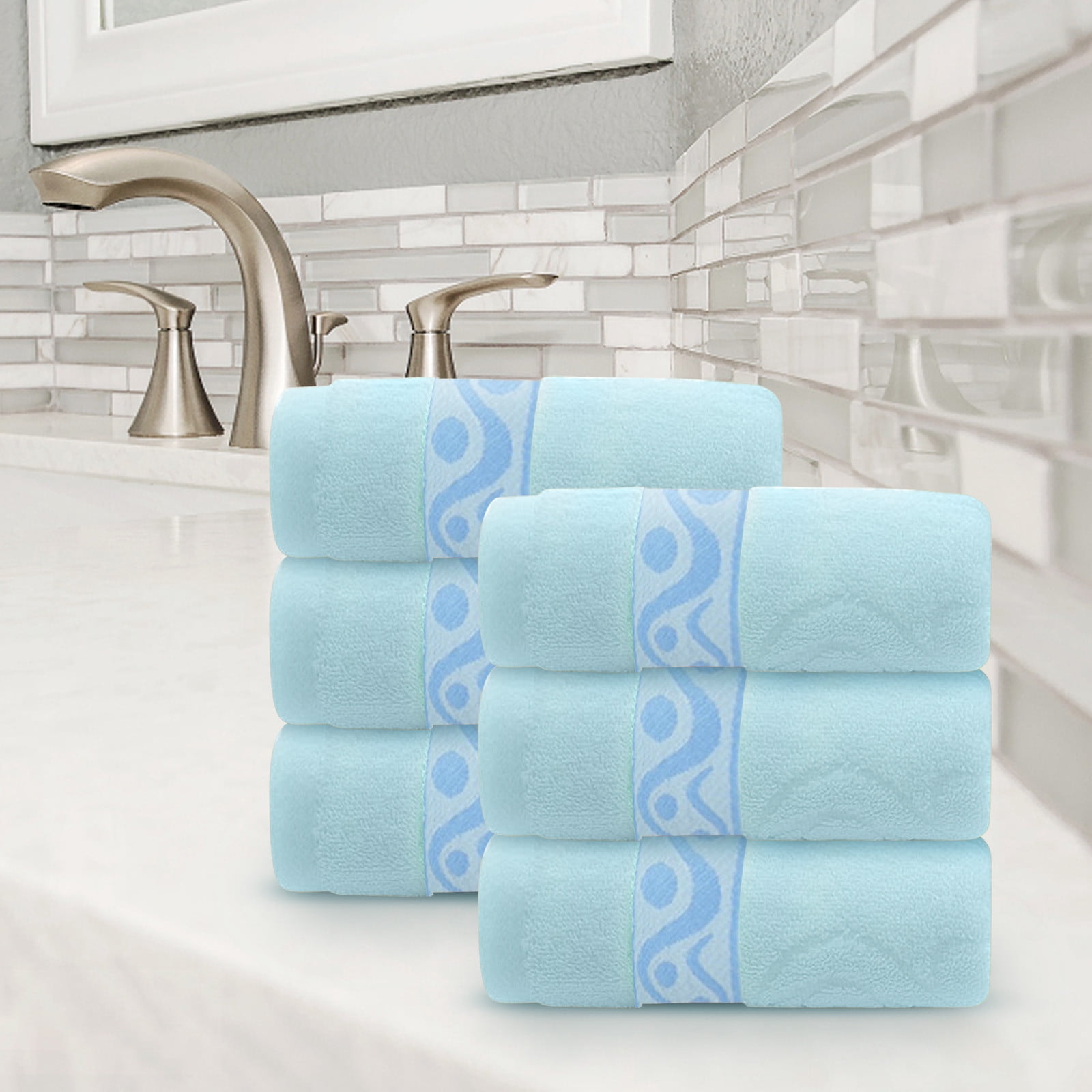 LYCAQL 100% Cotton 6 Pack Oversized Wash Towel Set 13*30 Inches, Ultra Soft Highly Absorbant Compact Quickdry & Lightweight Large Bath Towels, Ideal for Gym Travel Camp Pool - Blue