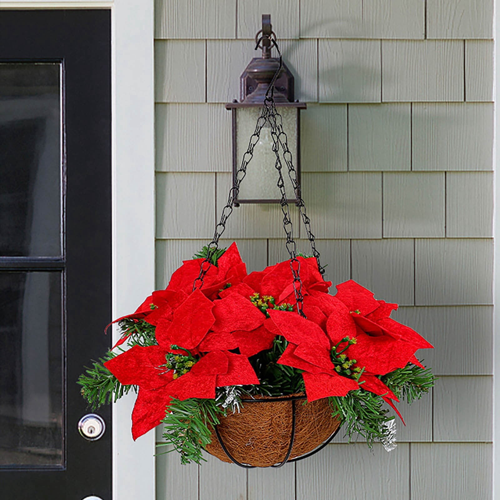LYCAQL 2024 New Red Christmas Flower Hanging Basket Shopping Mall Wall Hanging Door Hanging Christmas Street Light Decoration Artificial Hanging Flowers For Outdoors