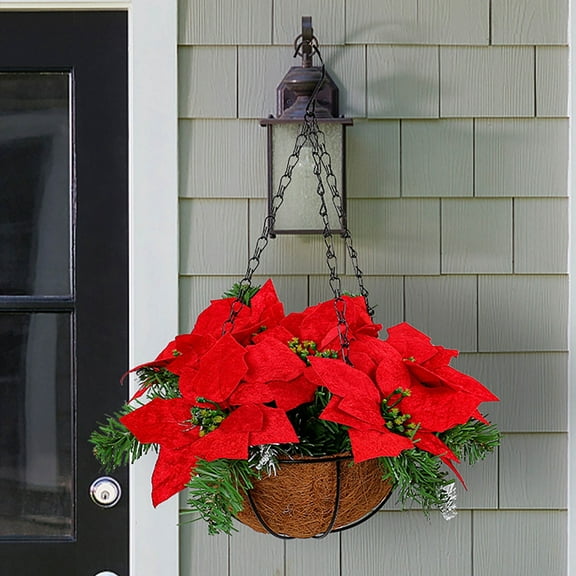 LYCAQL 2024 New Red Christmas Flower Hanging Basket Shopping Mall Wall Hanging Door Hanging Christmas Street Light Decoration Artificial Hanging Flowers For Outdoors