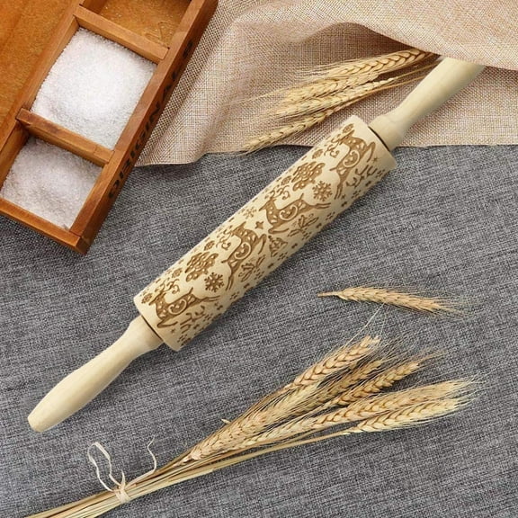 LYCAQL Classic Wood Rolling Pin, 13.77-Inch, Natural Christmas Rolling Pin Engraved Carved Wood Embossed Rolling Pin Kitchen Tool