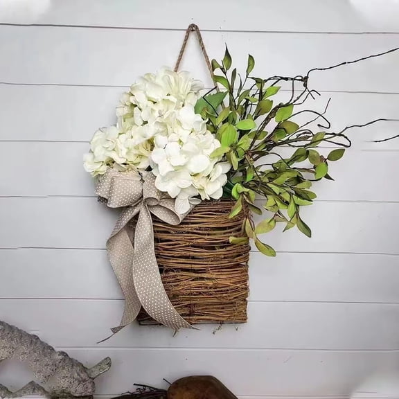 LYCAQL Cream Hydrangea Door Hanger Basket Wreath,|2024 Newest Wildflowers Door Hanging Basket Wreath|Front Door Beautiful Artificial Spring and Summer Wreath Welcome Sign| (White cream)