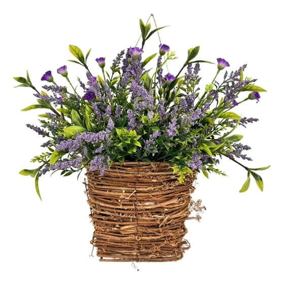 LYCAQL Lavender Basket Wreath Artificial Lavender Hanging Basket Spring Summer Welcome Sign Wreath Farmhouse Wildflowers Floral Basket Decoration for Outdoor Indoor Wall Door (Purple)