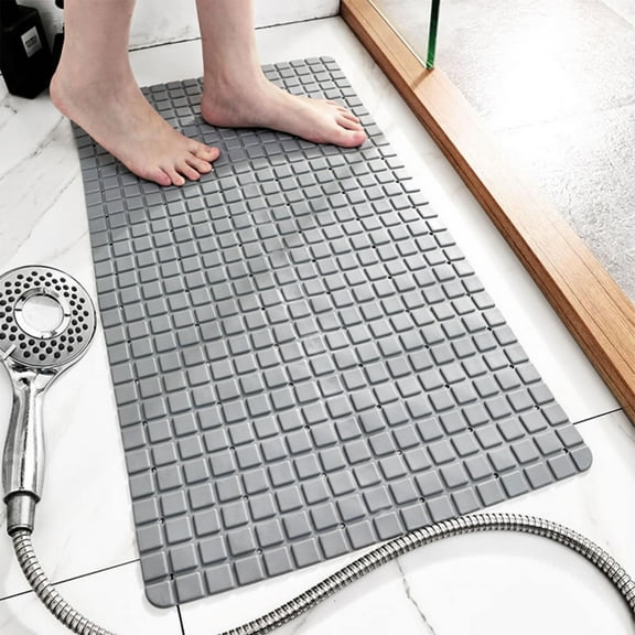 LYCAQL Square Bath Mat Extra Large Non Slip Mat For Elderly & Kids Bathroom Drain Holes Strong Suction Cups Bath Rugs for Shower Gray 28*16 in